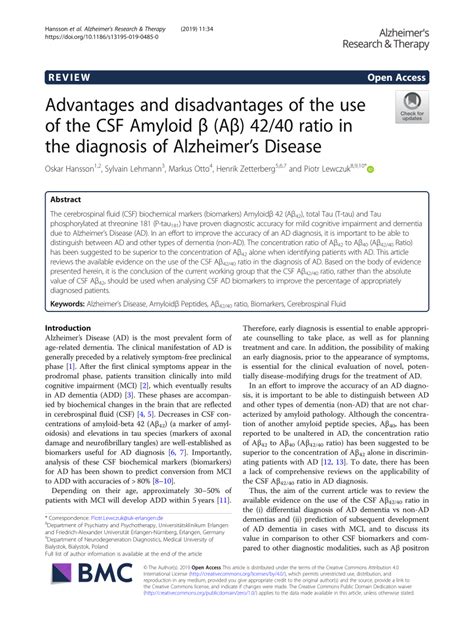 Advantages and disadvantages of the use of the CSF Amyloid β (Aβ) 42/40 .